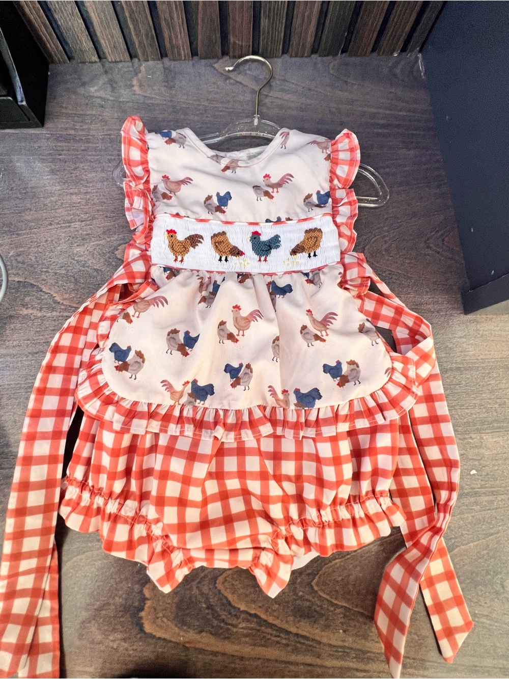 Girls Red Gingham Smocked Chicken Print Bubble Romper - Charming Farmhouse Style